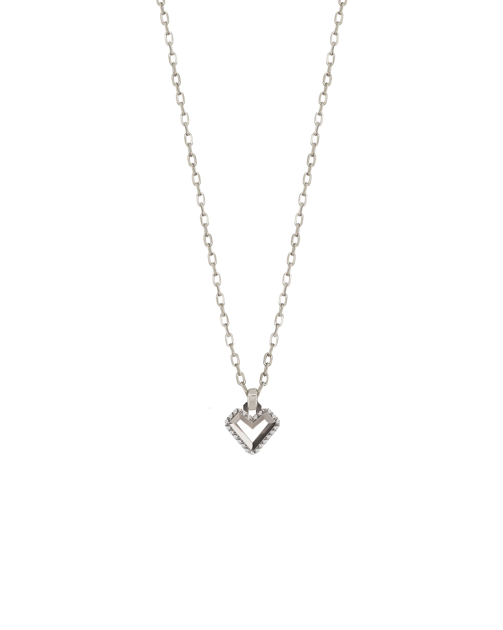 14K White Gold Pave Heart Charm Necklace