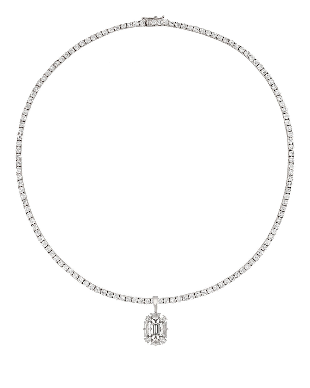 White diamond tennis necklace with a white diamond pendant in the shape of a sapphire