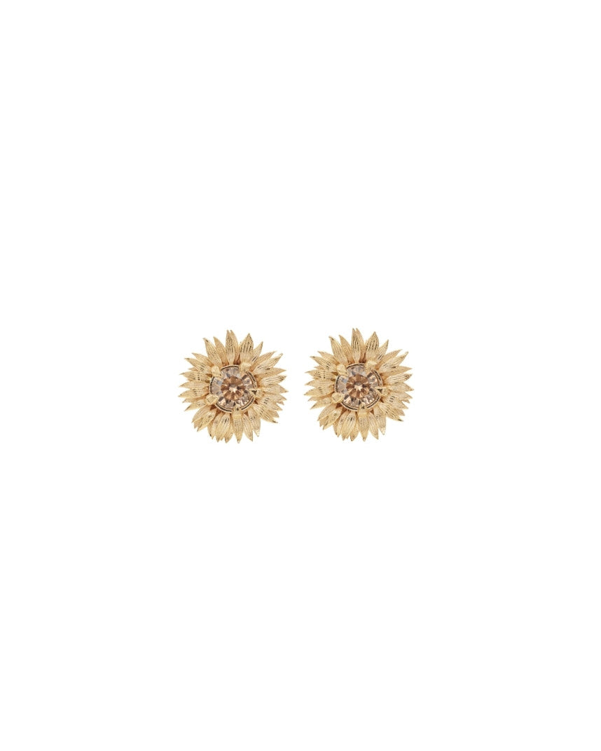 Pair of gold flower-shaped earrings on a white background