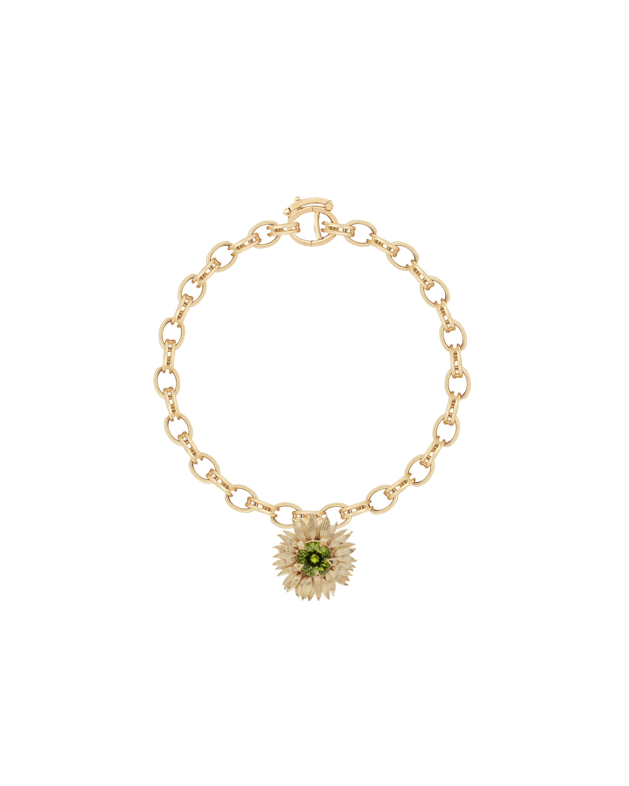 Gold bracelet with a sunflower charm on a white background
