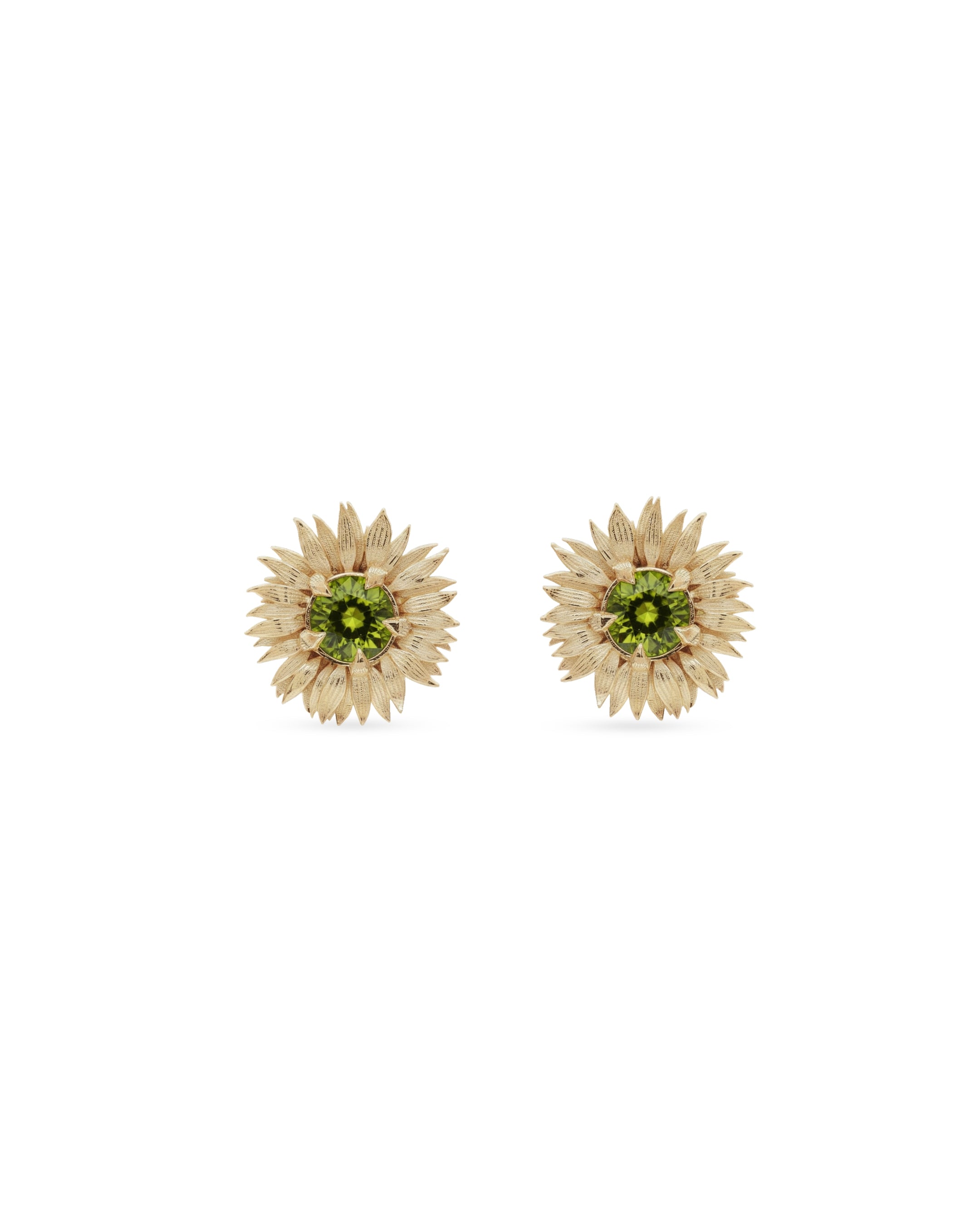 Pair of gold sunflower-shaped earrings on a white background
