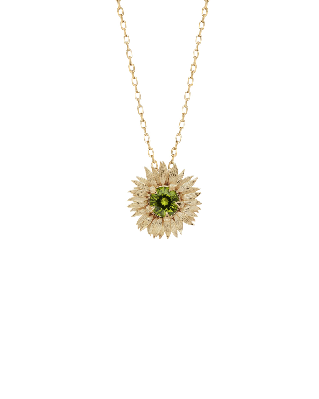 Gold necklace with a sunflower pendant on a white background