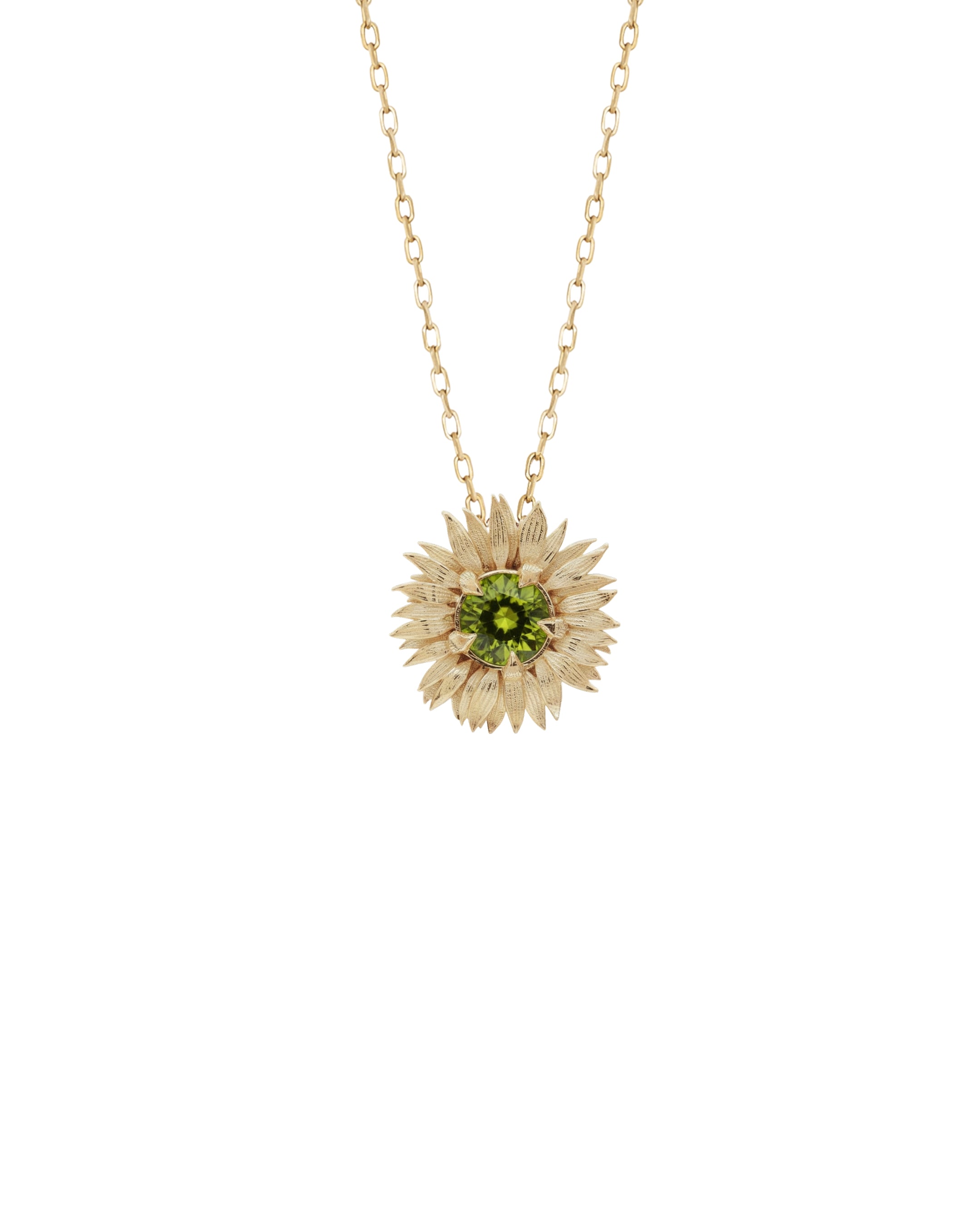 Gold necklace with a sunflower pendant on a white background
