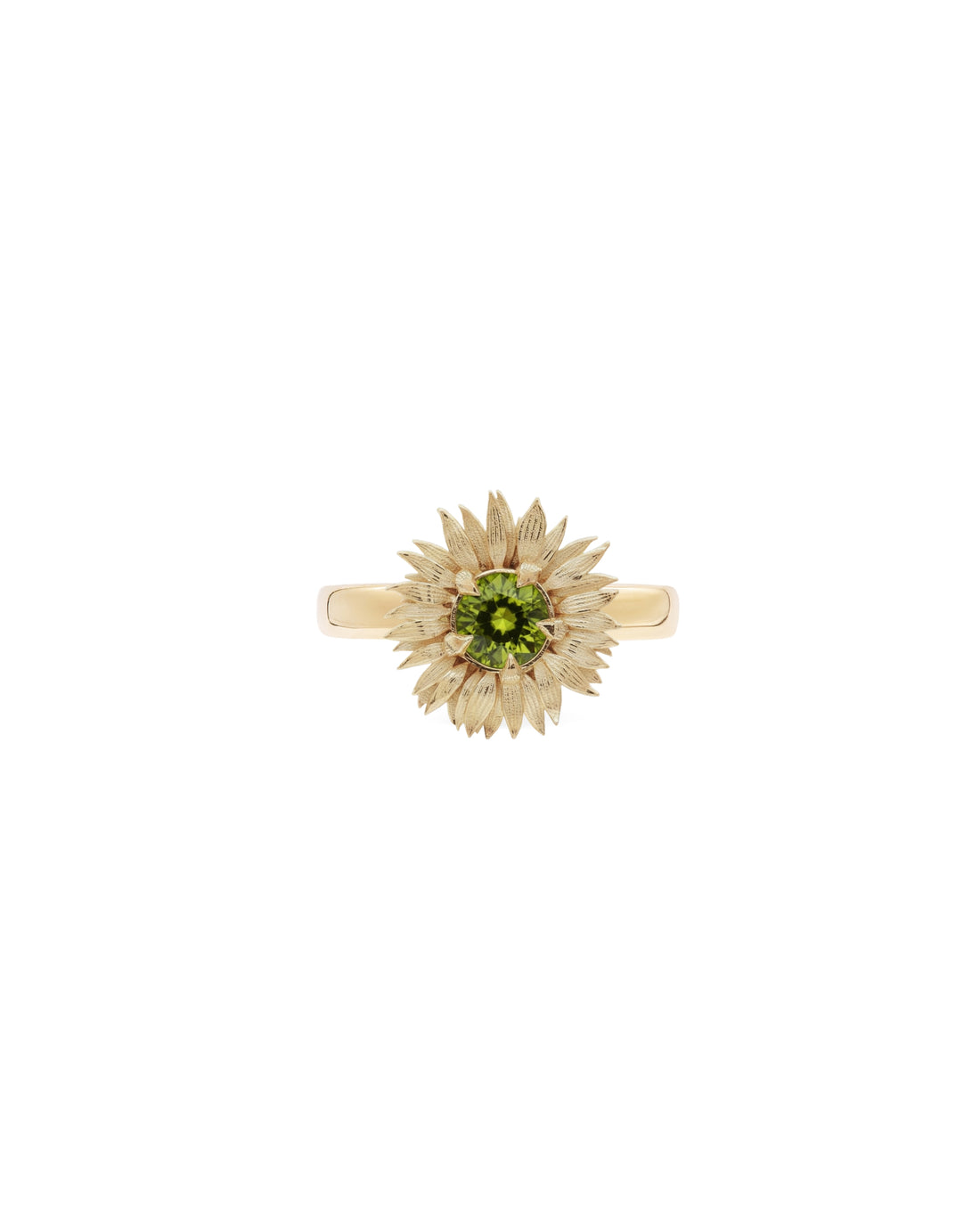 Sunflower ring with green peridot on white background