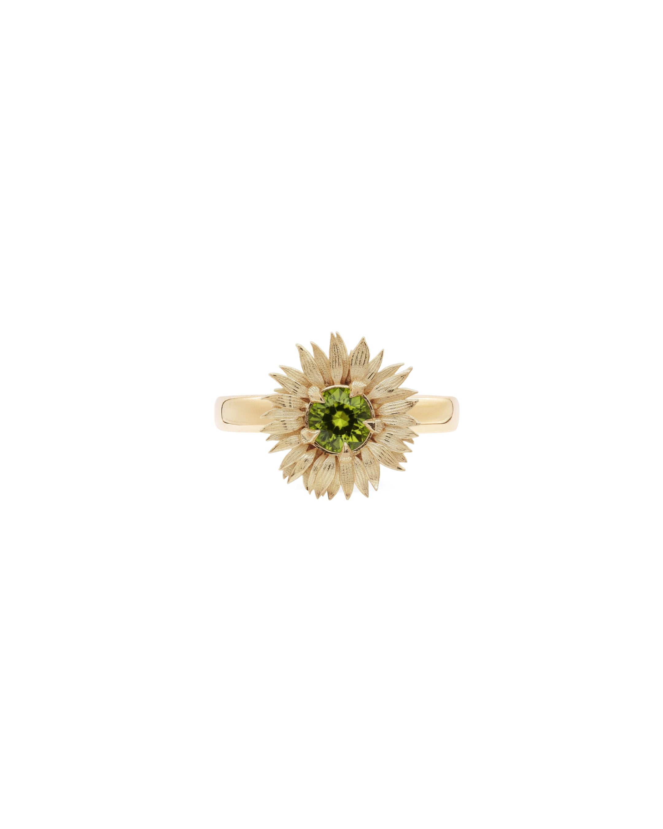 Sunflower ring with green peridot on white background