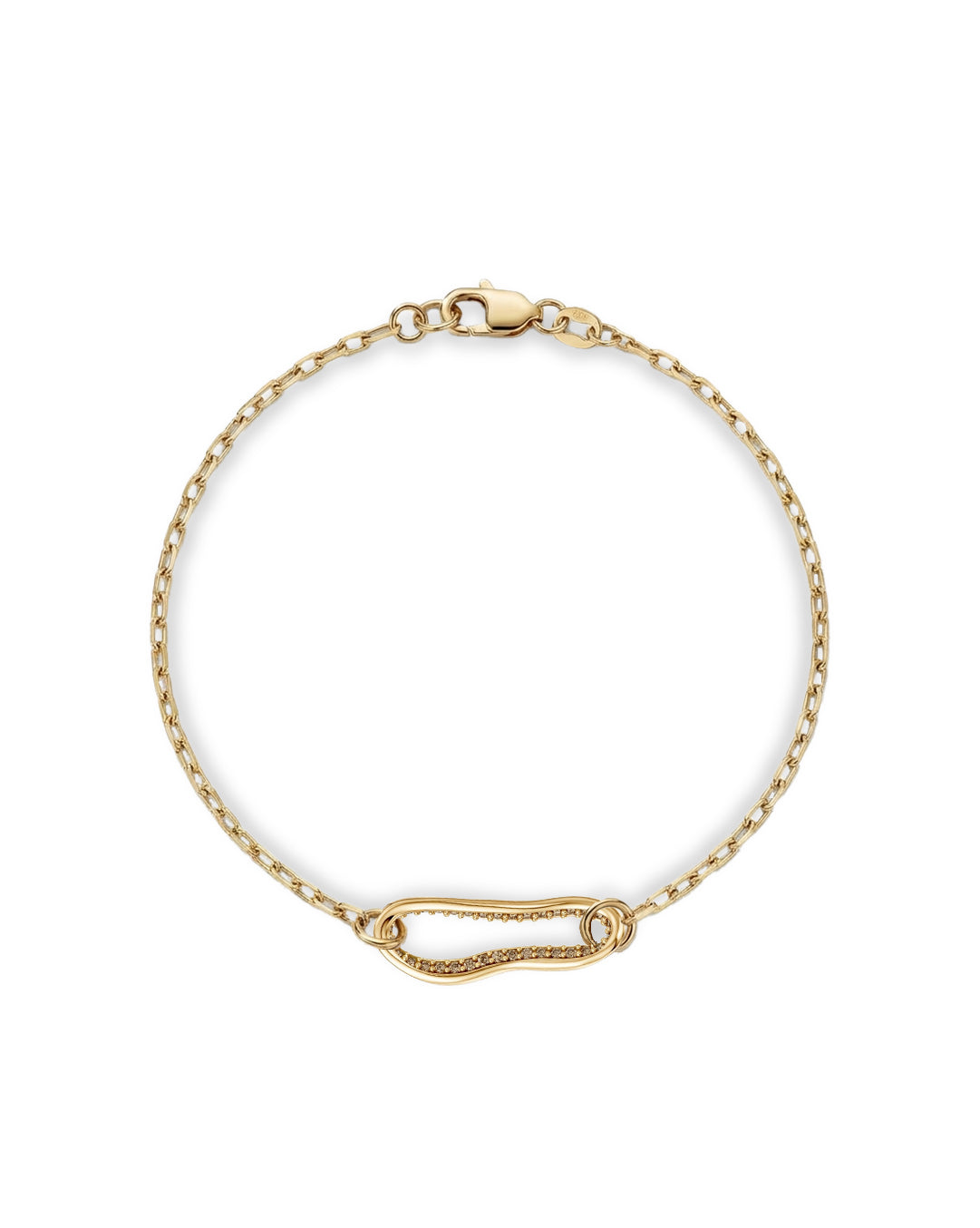Gold bracelet with a safety pin design on a white background