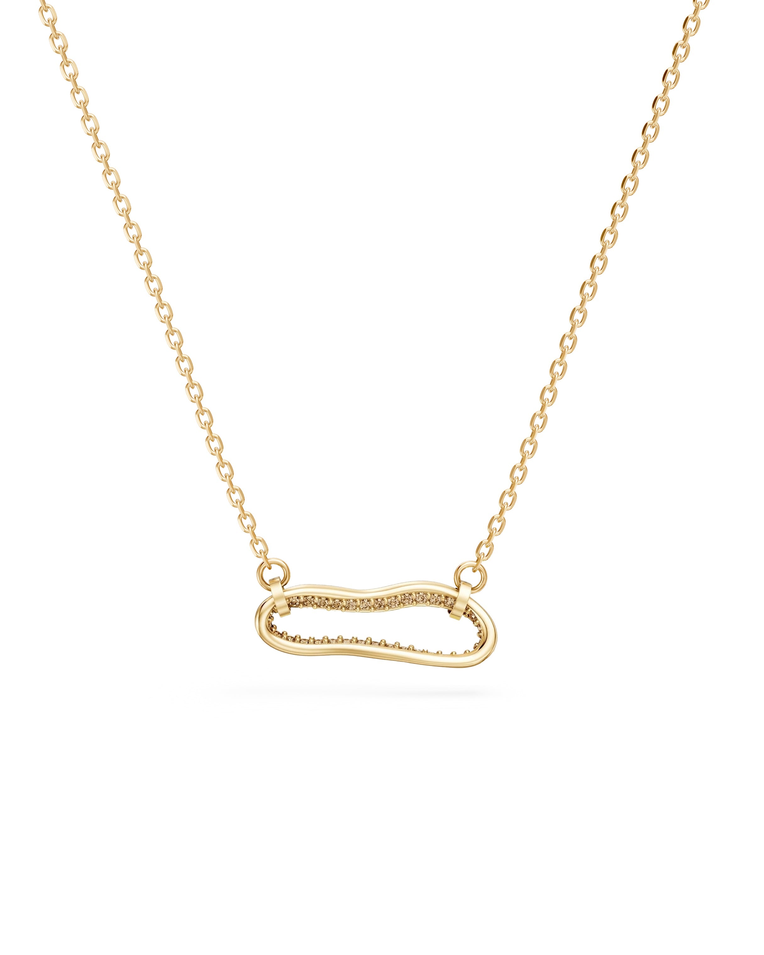 Organic Gold necklace with a unique pendant and desert diamonds on a white background