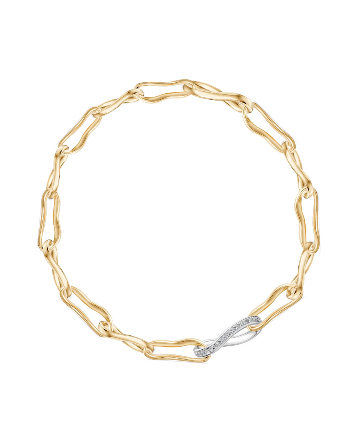 A gold chain necklace with a unique infinity-shaped clasp featuring a pavé diamond accent, displayed on a solid black background.