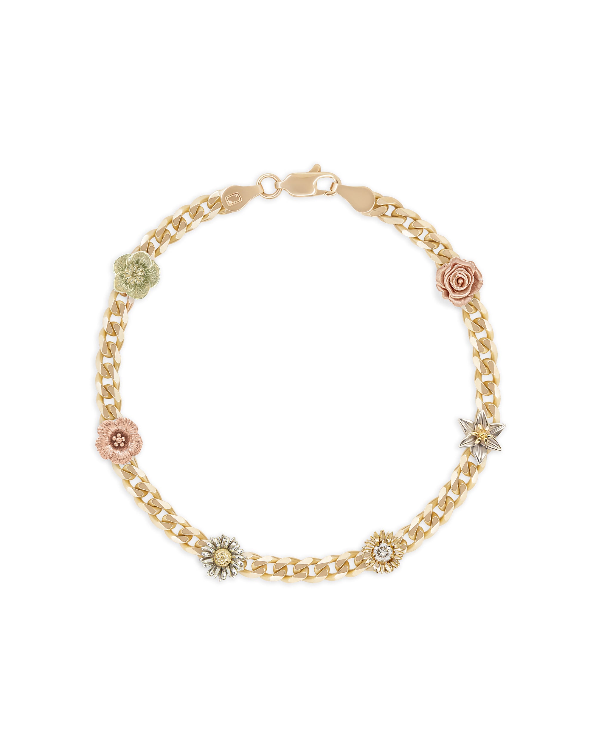 A 14k gold curb chain bracelet featuring a bouquet of six flowers, with a sunflower accented with a .1ct white diamond.