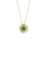 Gold Sunflower necklace with a sunflower-shaped pendant featuring a green gemstone on a white background