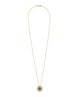 Gold Sunflower necklace with a green pendant on a white background