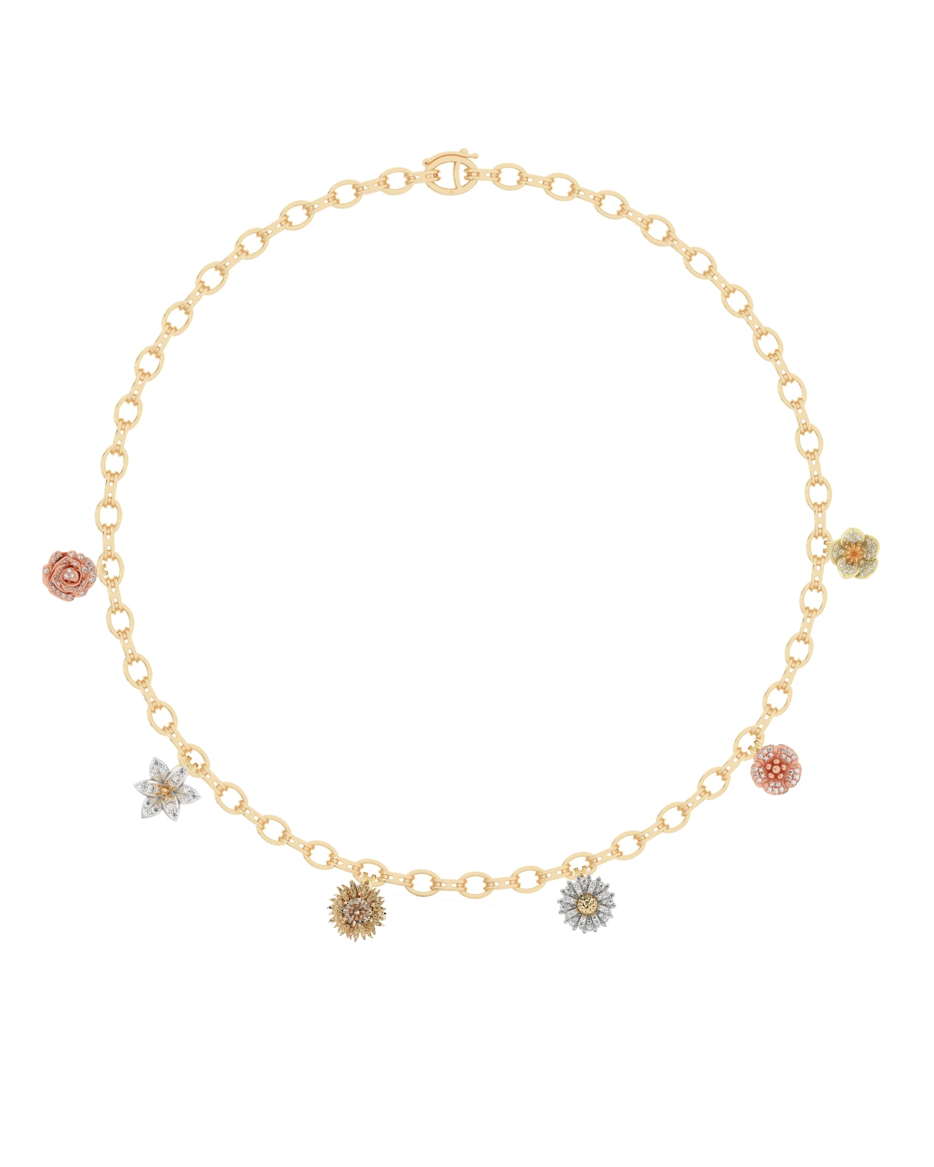 Gold chain necklace with floral pendants on a white background