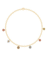 Gold chain necklace with floral pendants on a white background