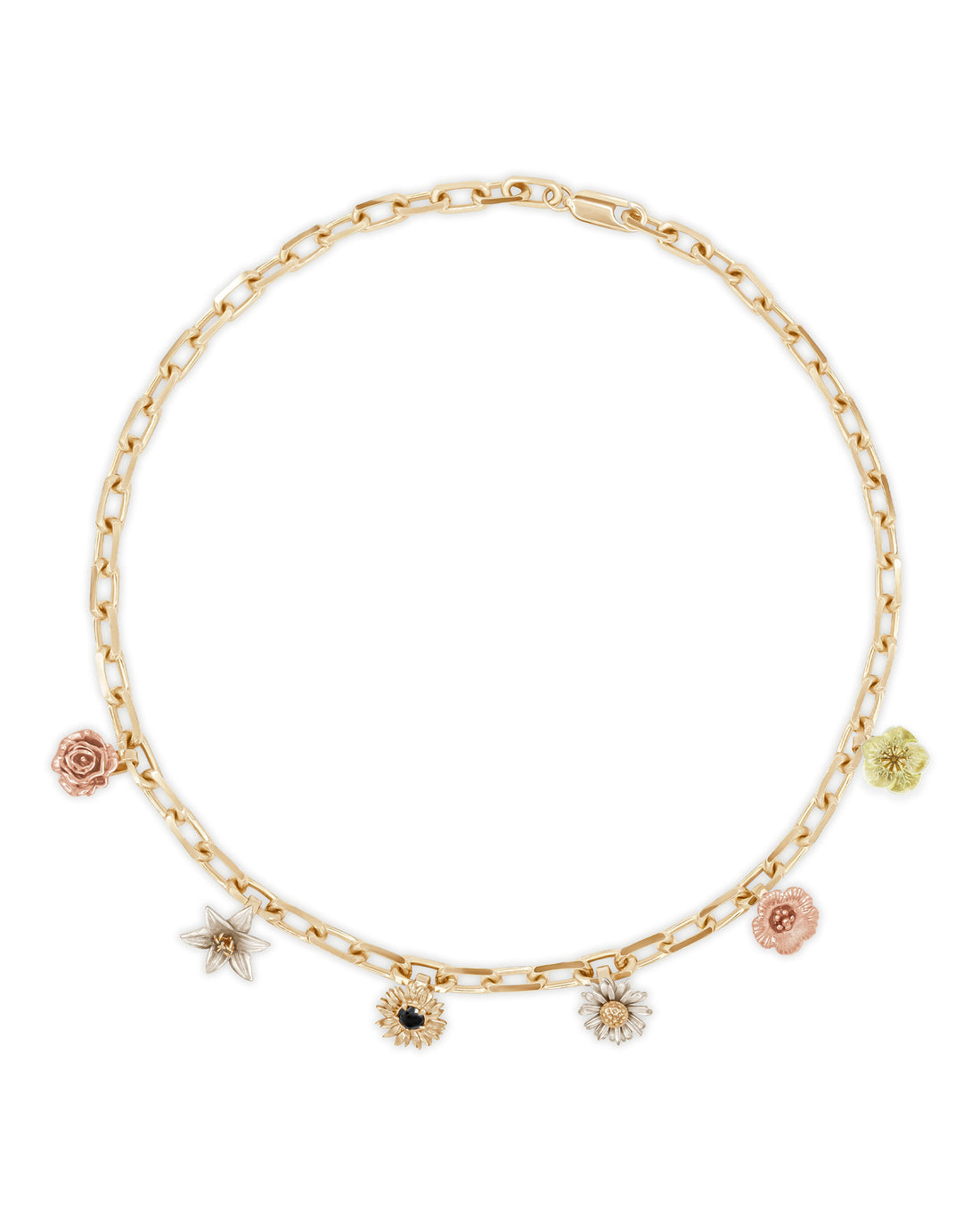 A 14k gold multi-strand charm necklace featuring a variety of floral charms with different colors and a sunflower with a black or white diamond center.