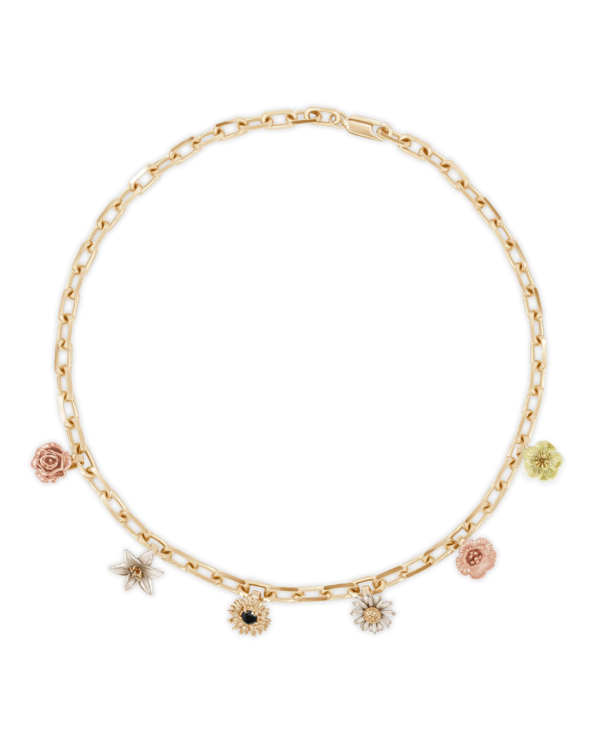 A 14k gold multi-strand charm necklace featuring a variety of floral charms with different colors and a sunflower with a black or white diamond center.