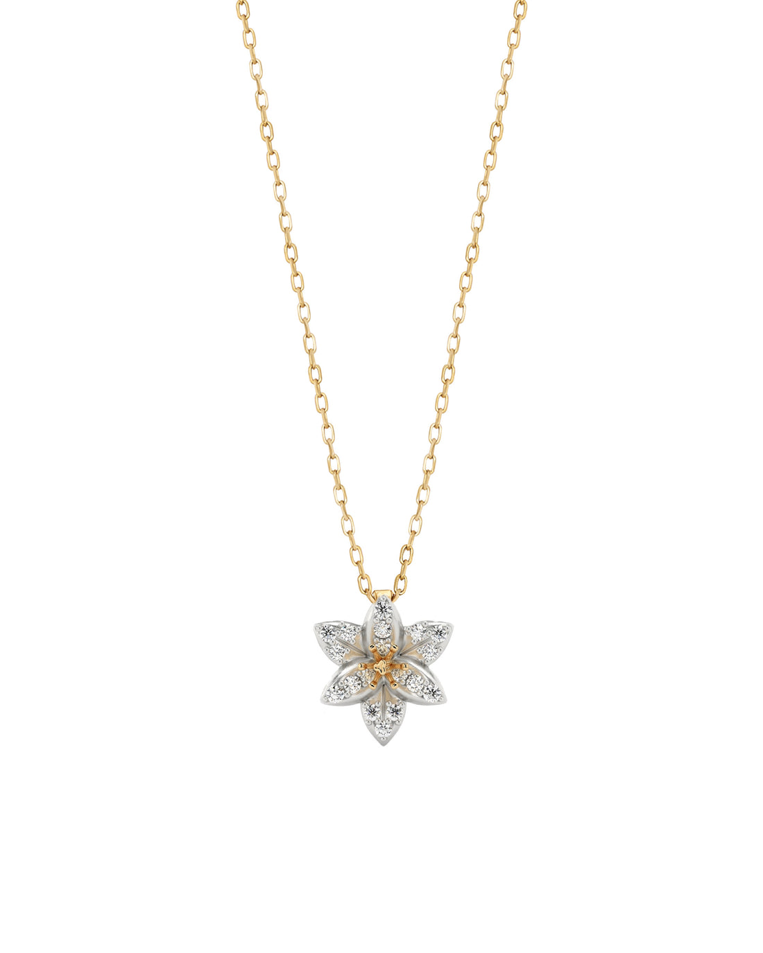 Gold and silver flower-shaped necklace on a white background