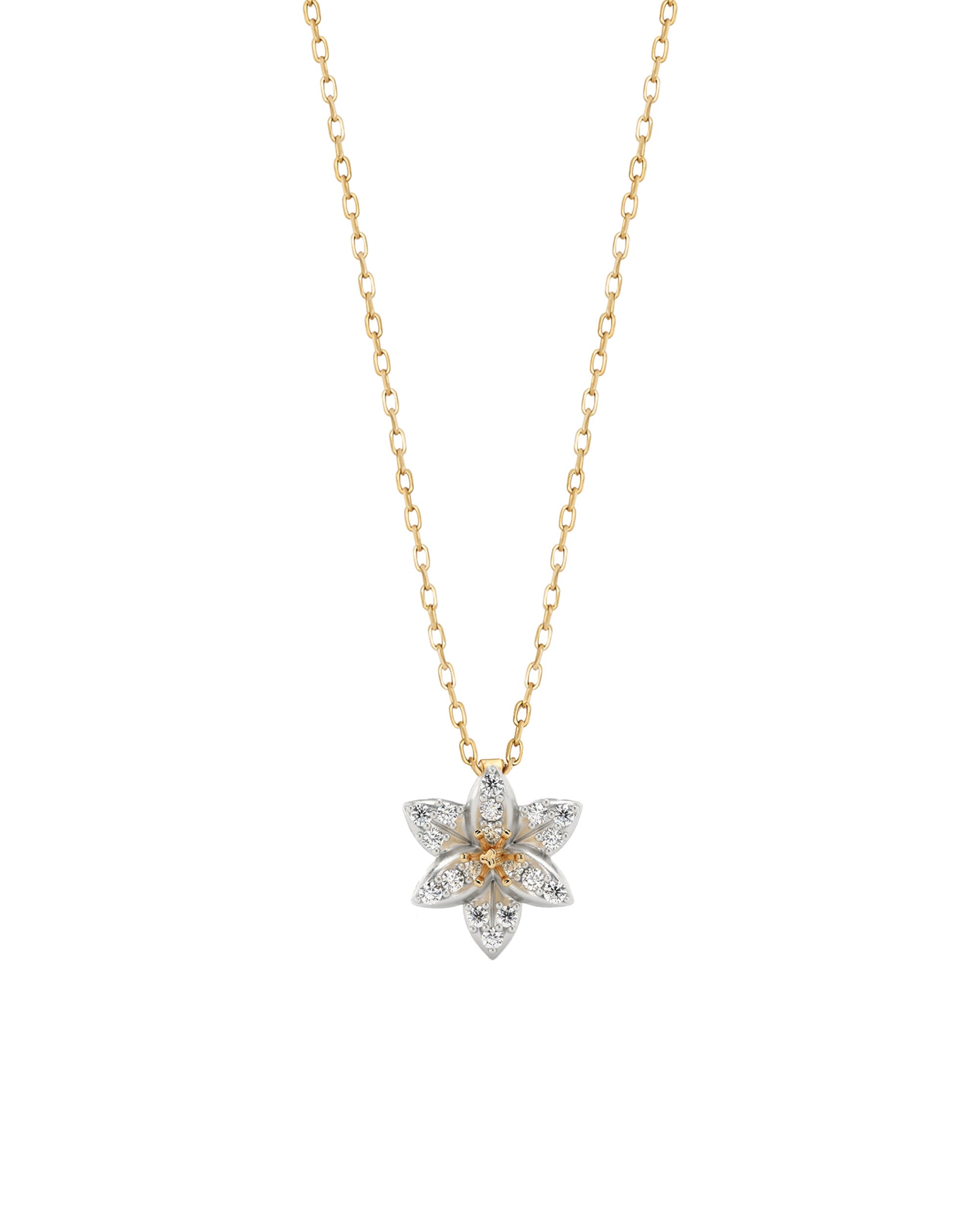 Gold and silver flower-shaped necklace on a white background
