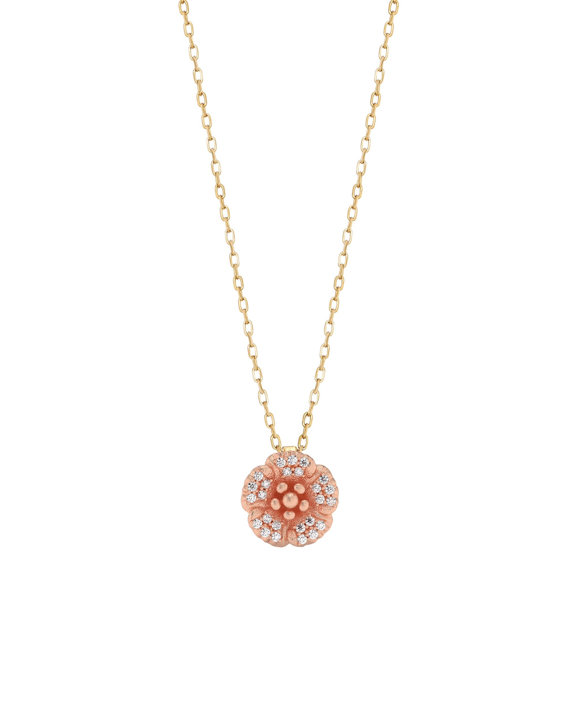 Rose gold necklace with a spherical pendant on a white background