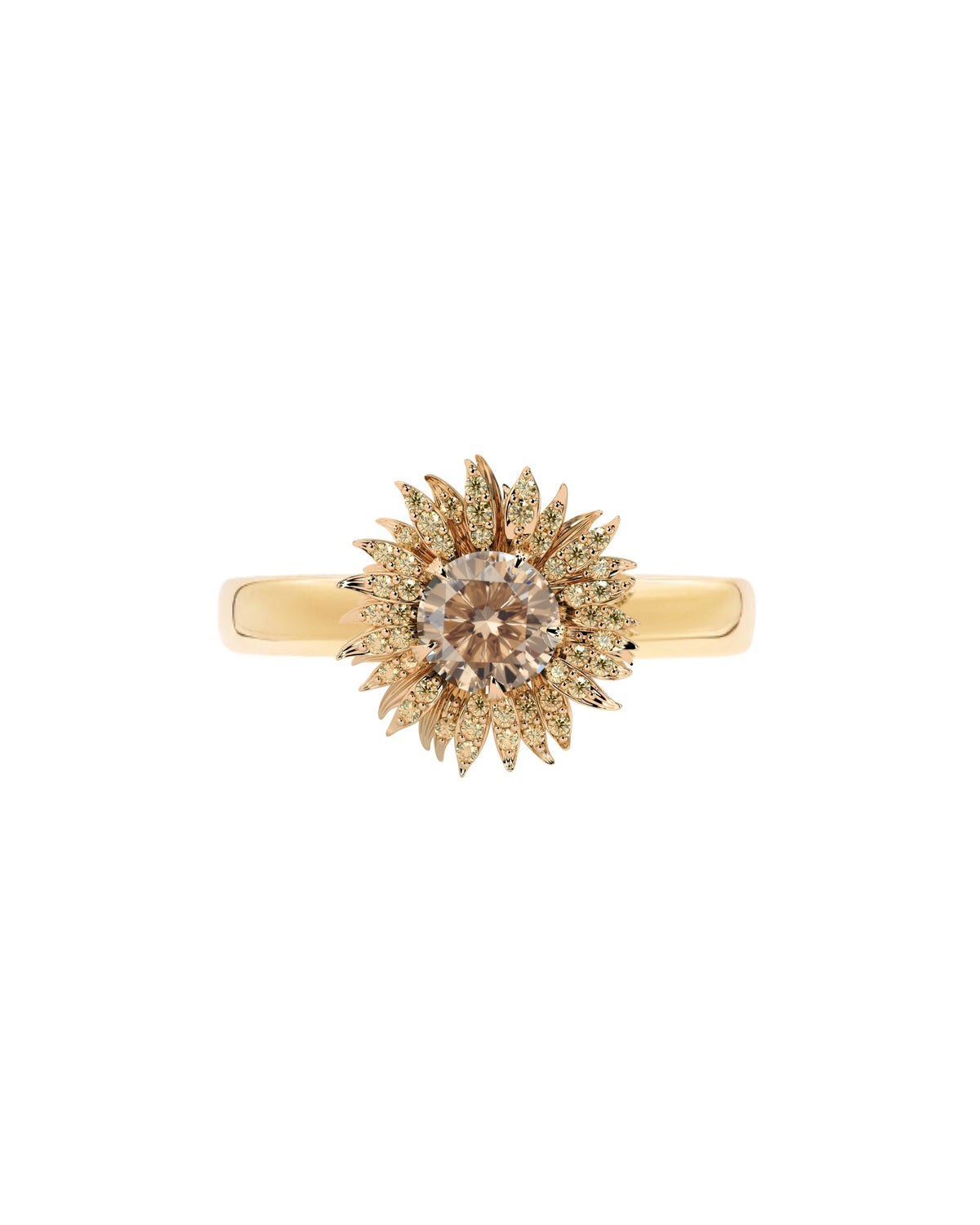 Gold ring with a sunflower diamond center on a white background