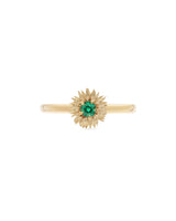 Gold Sunflower ring with a green gemstone on a white background