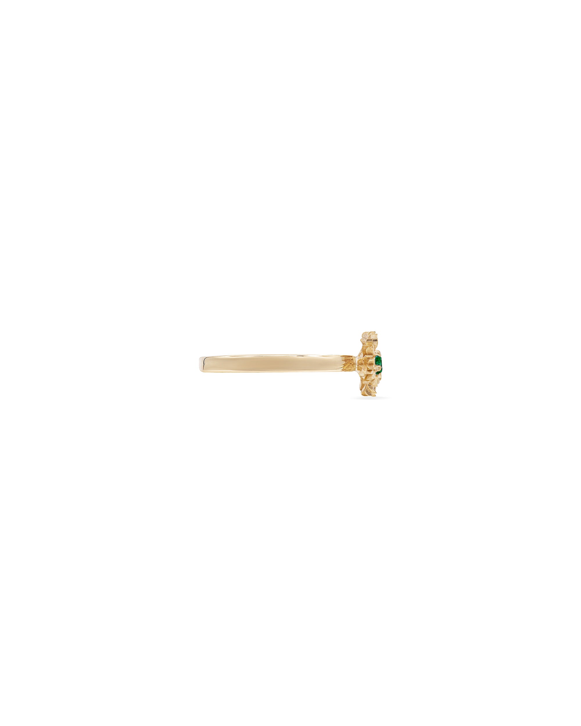 Gold Sunflower ring with emerald center stone on white background