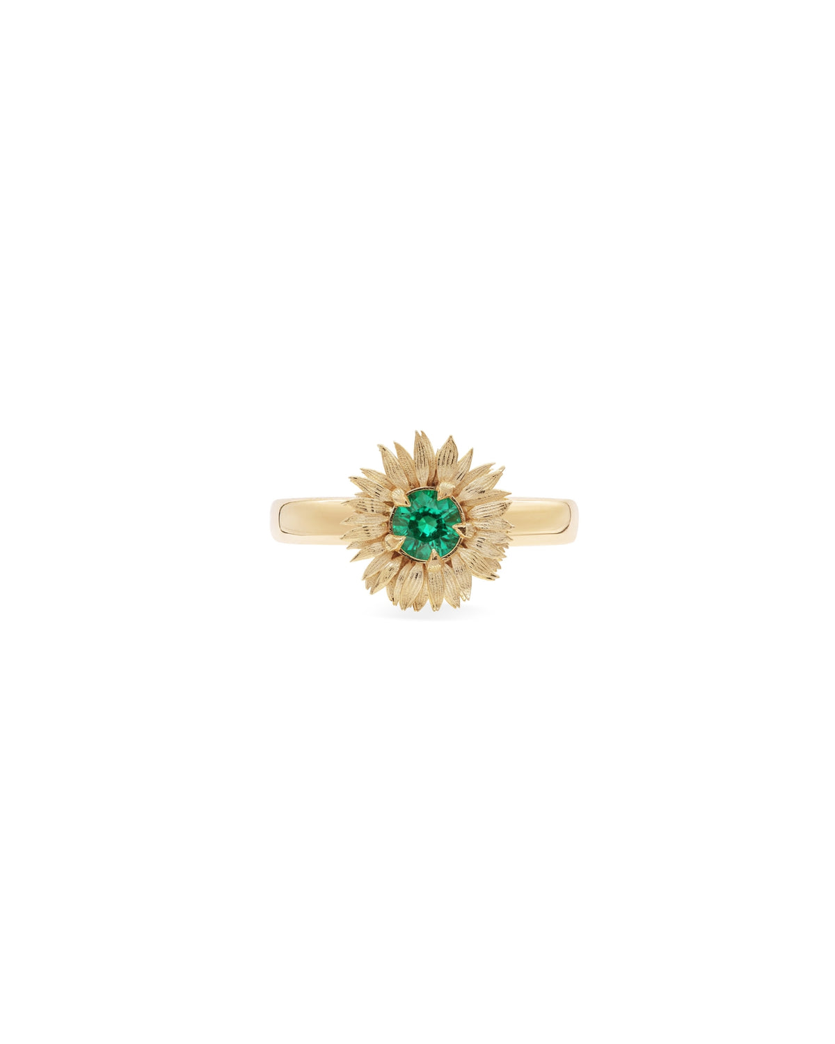 Gold Sunflower ring with a sunflower design and green gemstone on a white background