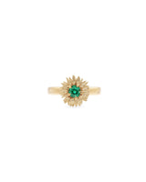 Gold Sunflower ring with a sunflower design and green gemstone on a white background