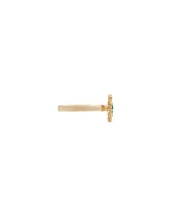Gold Sunflower ring with green gemstones on a white background