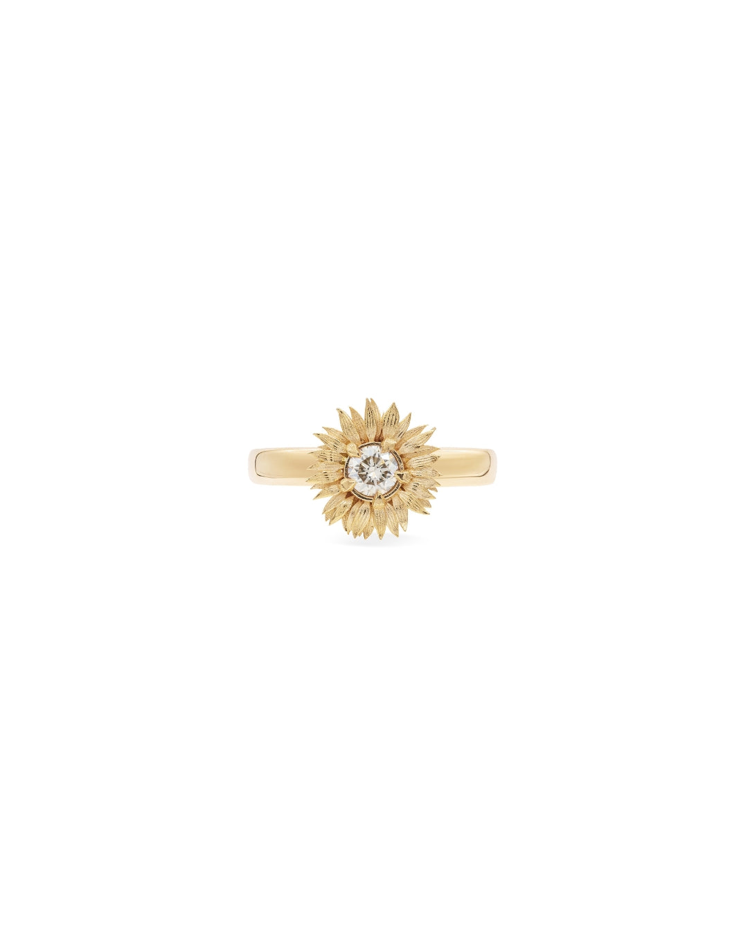 14k Gold Sunflower in yellow gold with a white diamond center