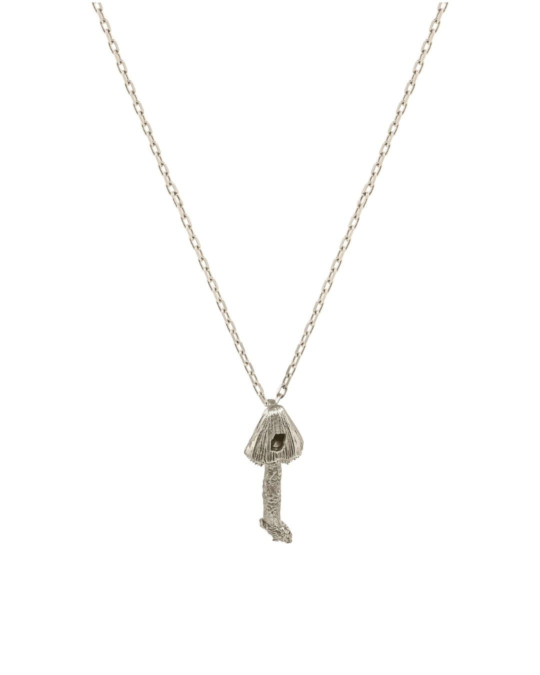 A handcrafted, solid 14K yellow and white gold mushroom pendant necklace with a diamond cut cable chain.