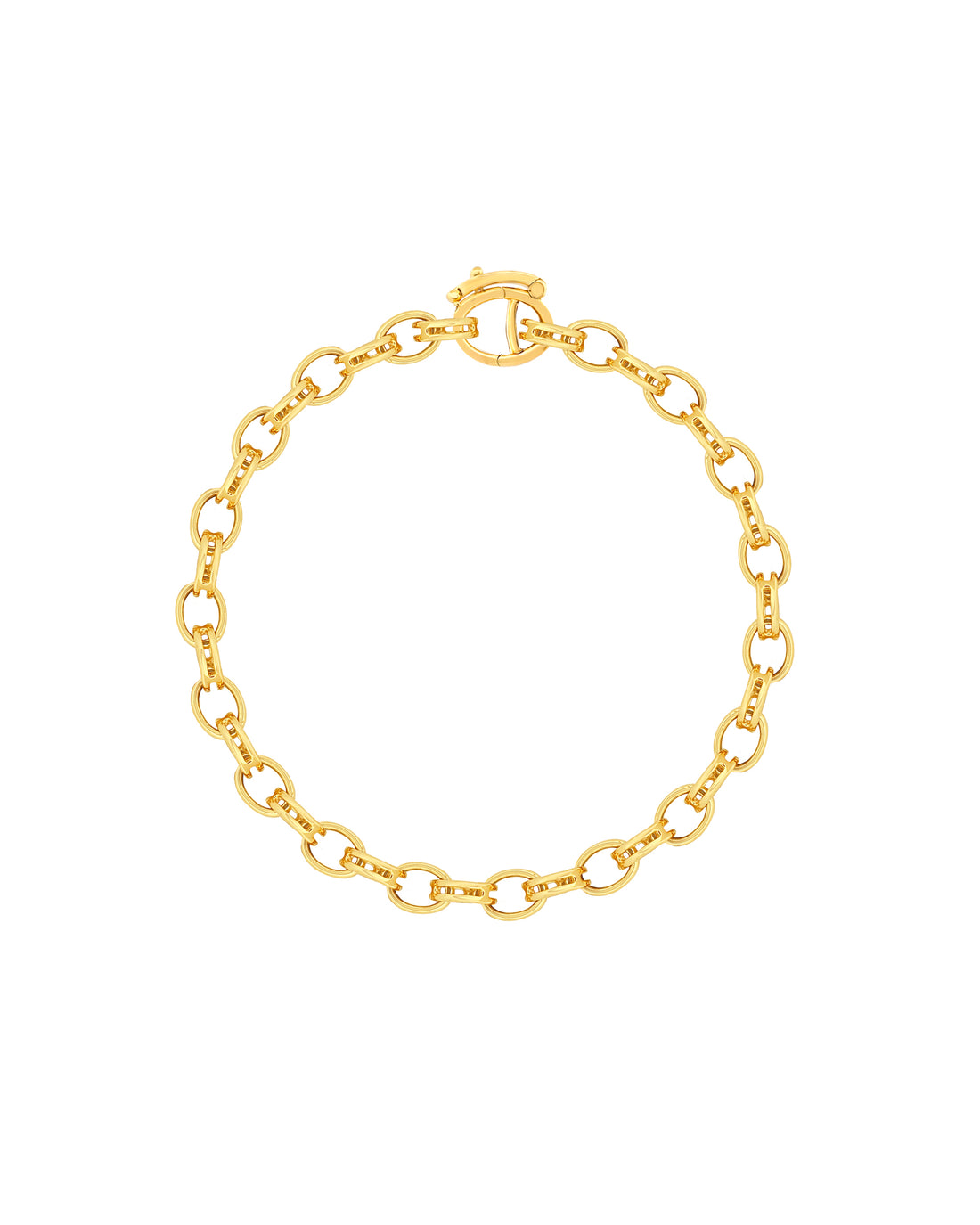 A gold bracelet with interlinked circles, featuring a clasp.