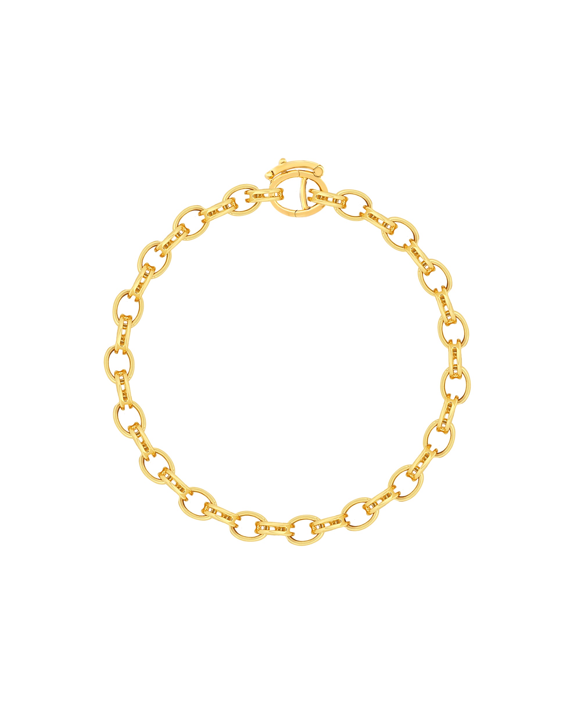 A gold bracelet with interlinked circles, featuring a clasp.