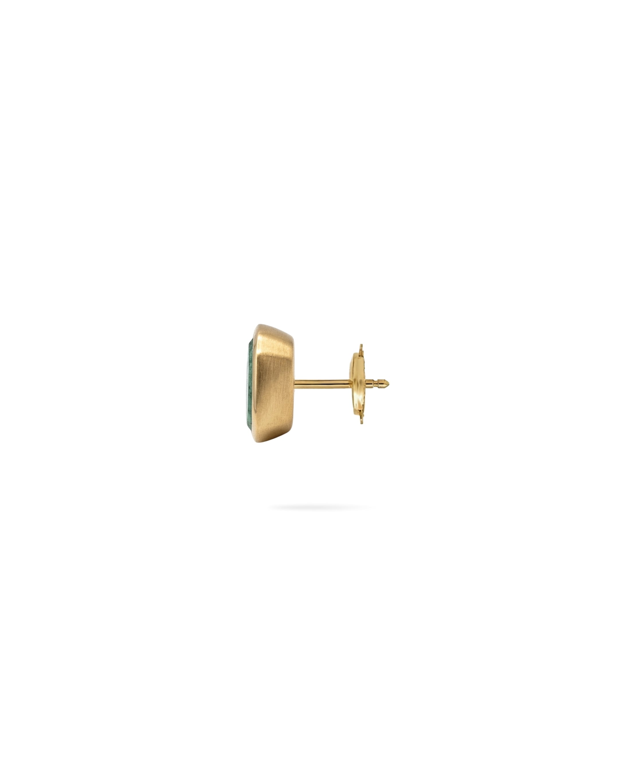 A single gold stud earring with a small rectangular green stone, shown from a side profile view against a solid white background.