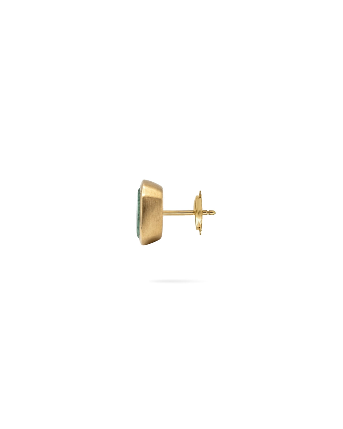 A single gold stud earring with a small rectangular green stone, shown from a side profile view against a solid white background.