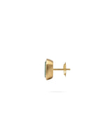 A single gold stud earring with a small rectangular green stone, shown from a side profile view against a solid white background.
