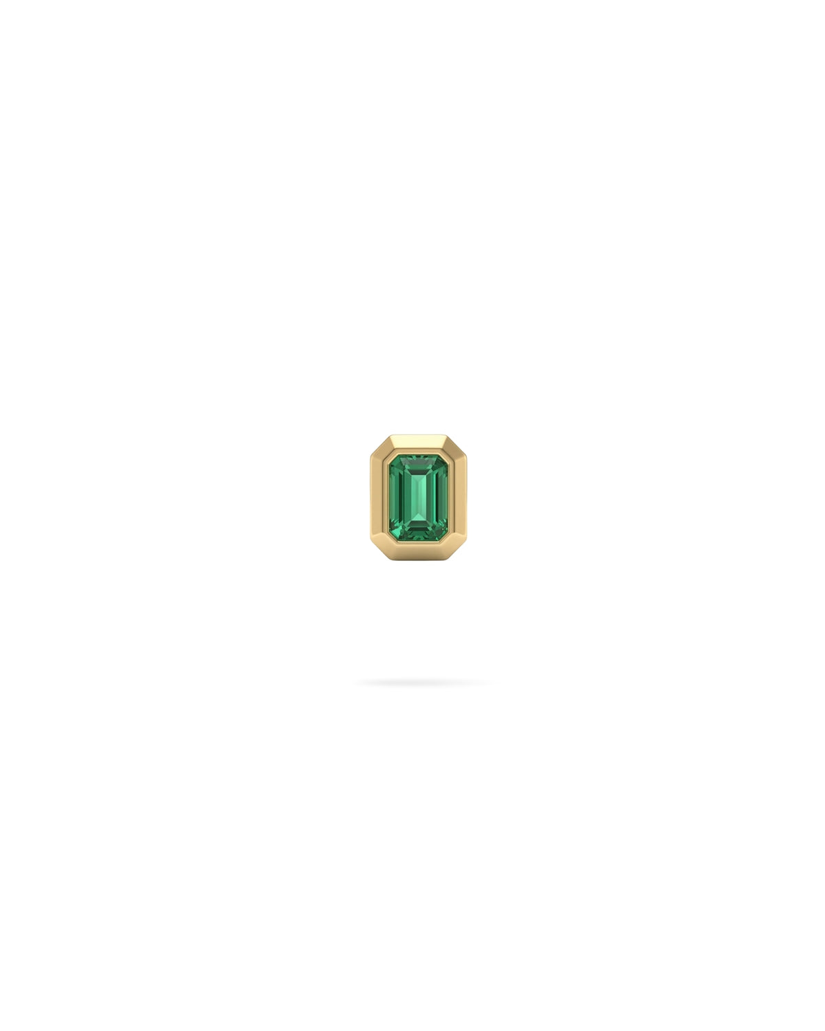 A small gold earring featuring a rectangular emerald-cut green gemstone, centered on a plain white background.