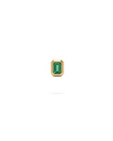 A small gold earring featuring a rectangular emerald-cut green gemstone, centered on a plain white background.