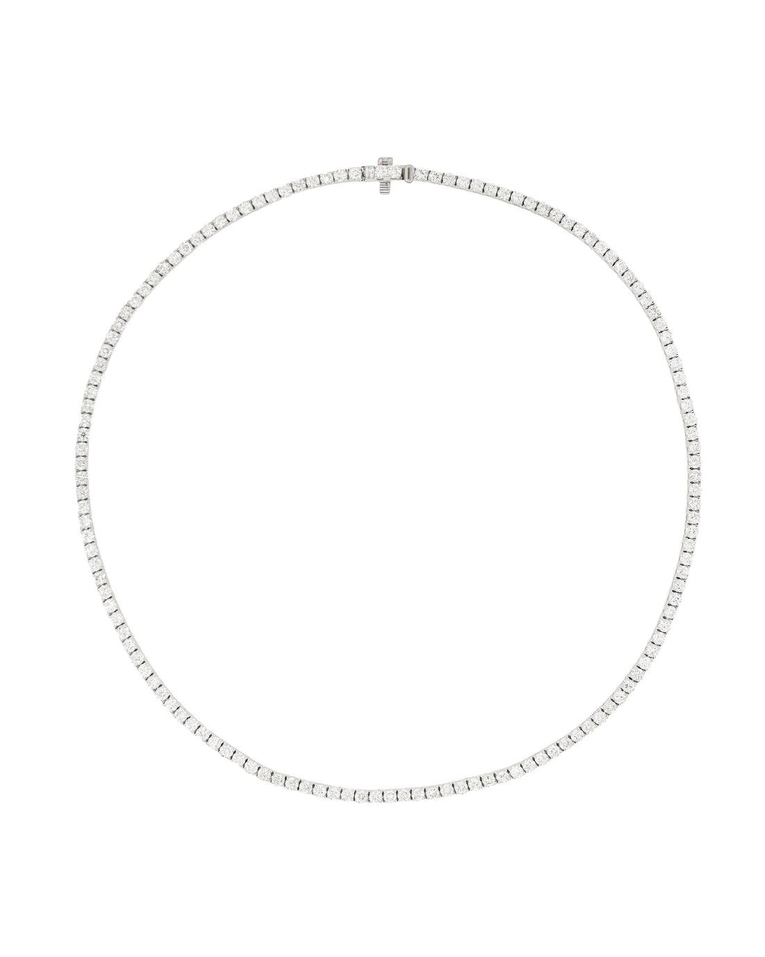 A white diamond tennis necklace with a push clasp.