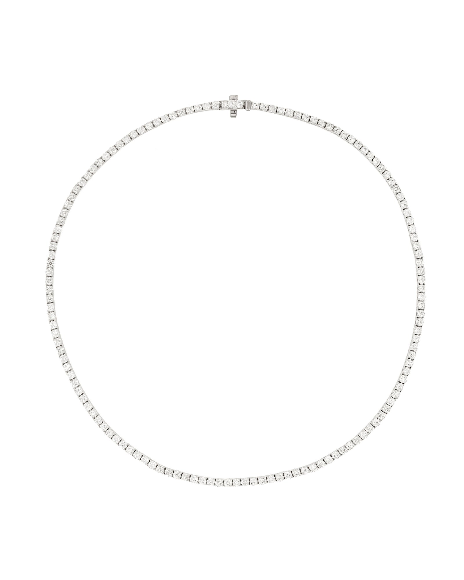 A white diamond tennis necklace with a push clasp.