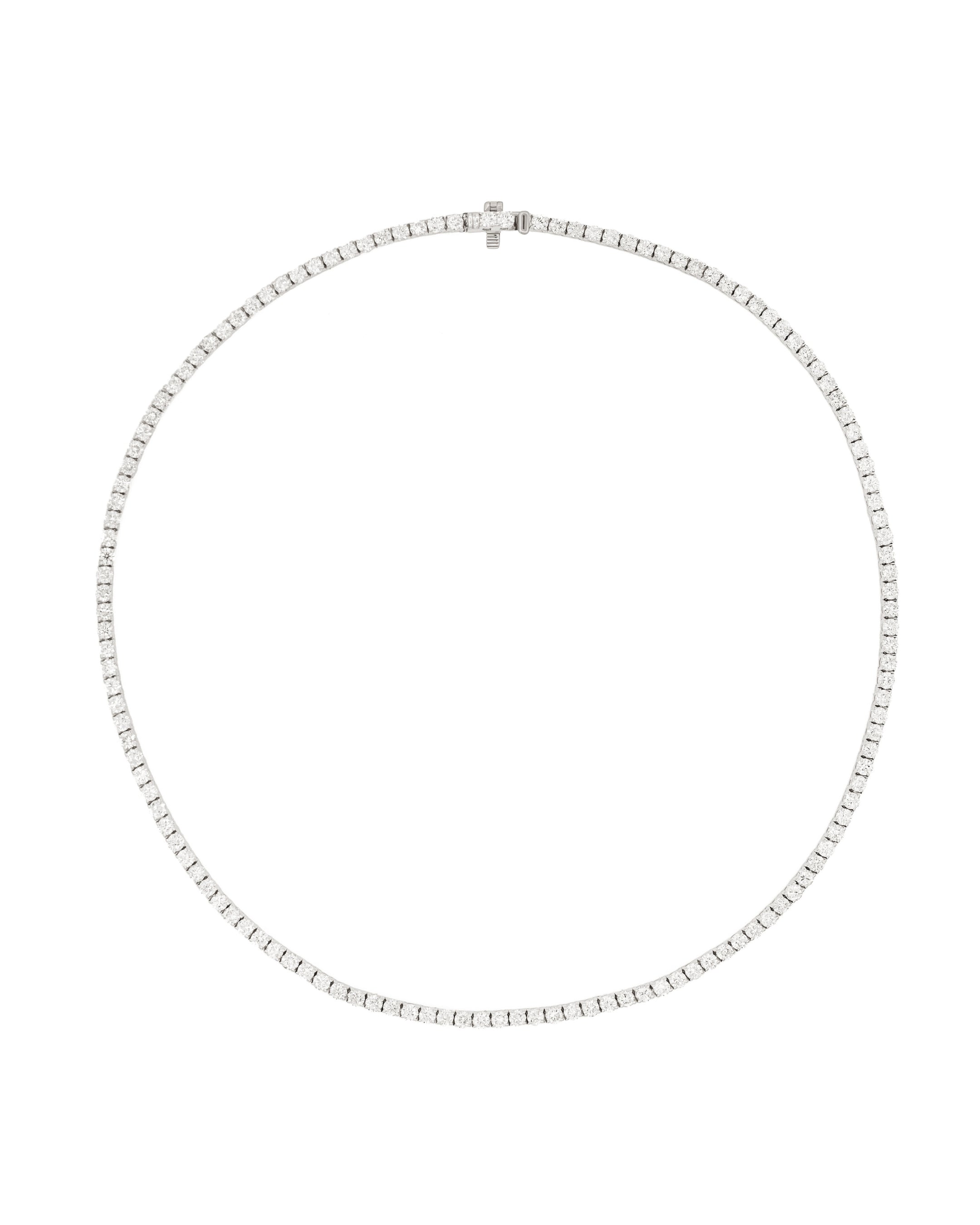 A white diamond tennis necklace with a push clasp.