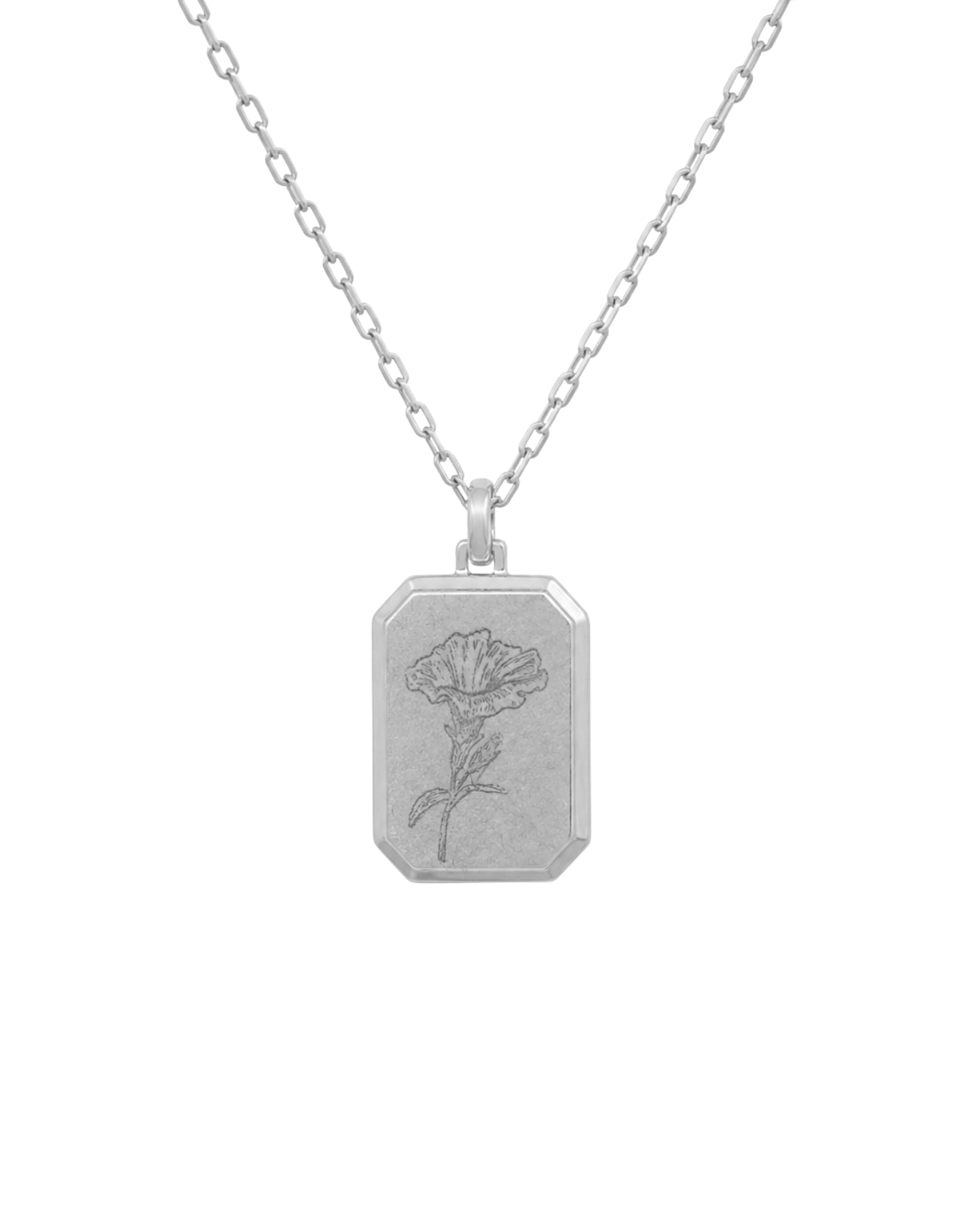 Silver necklace with a rectangular pendant featuring a floral design on a white background