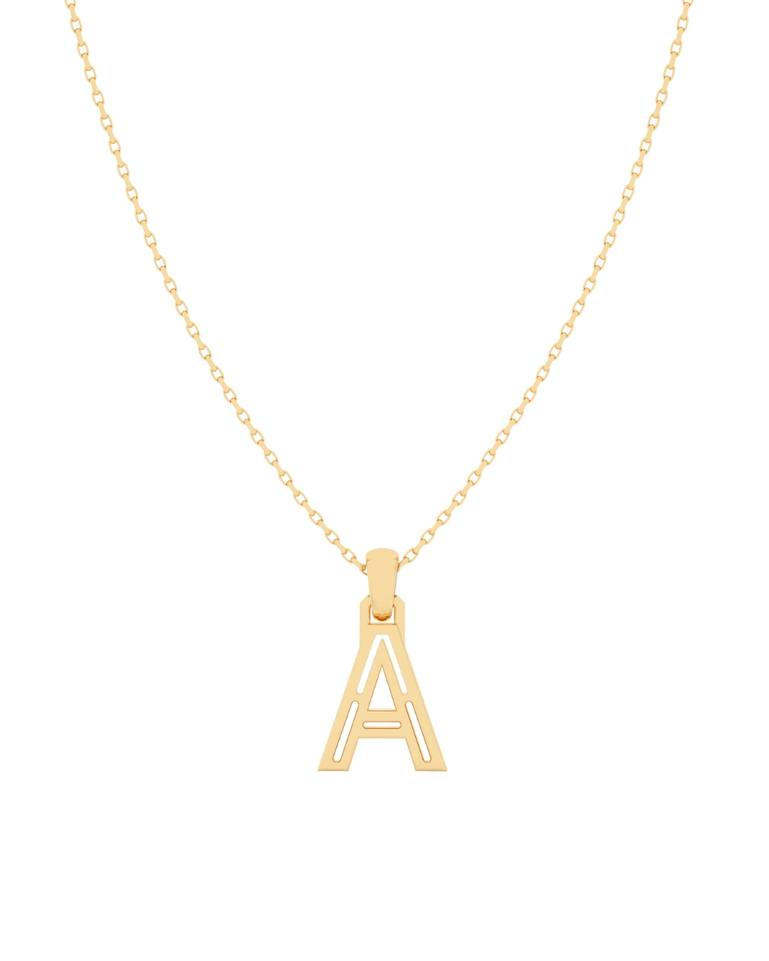 A gold pendant necklace featuring the letter 'A' in a frame design, displayed on a plain background.