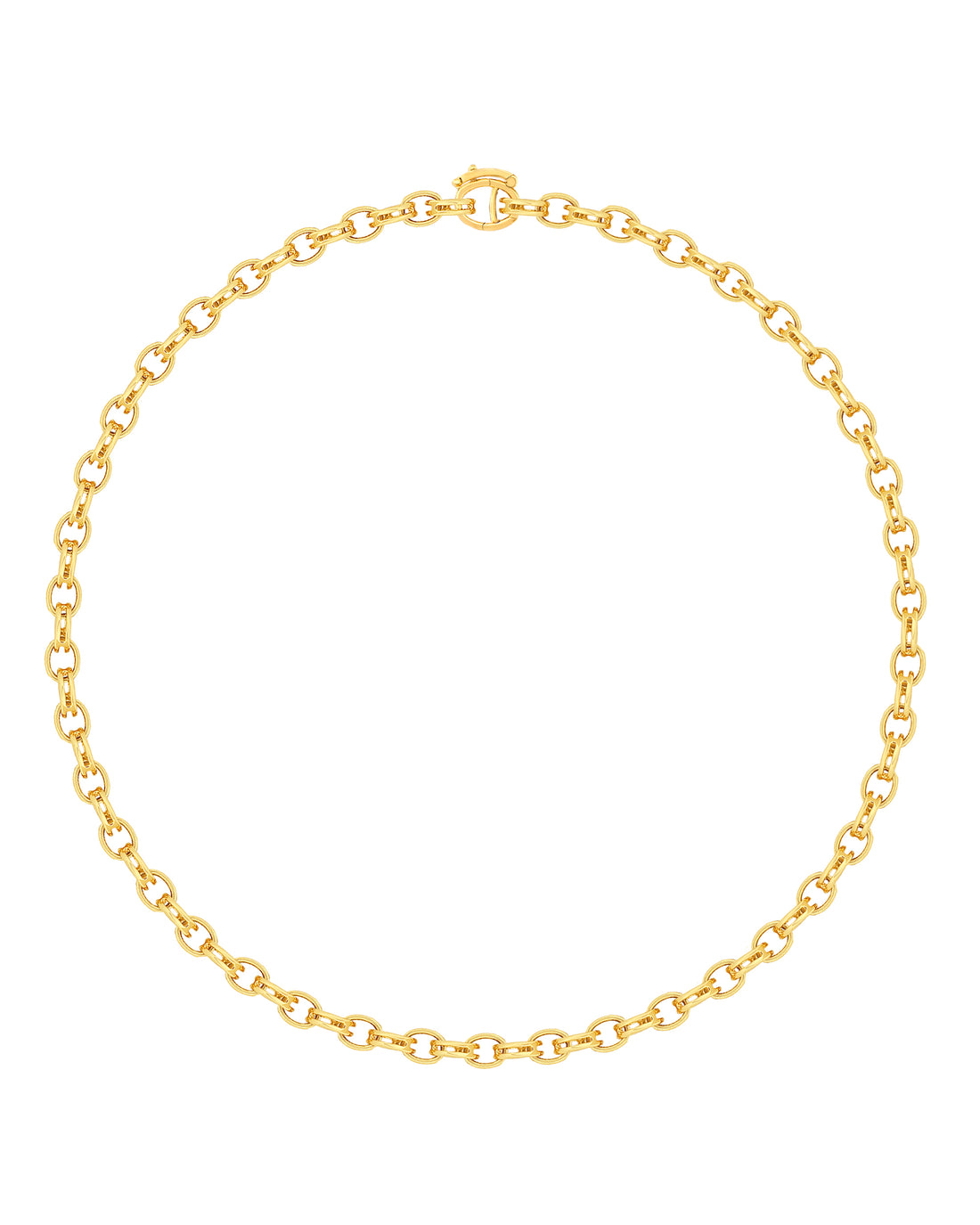A gold necklace with interlinked chain links, displayed against a white background.