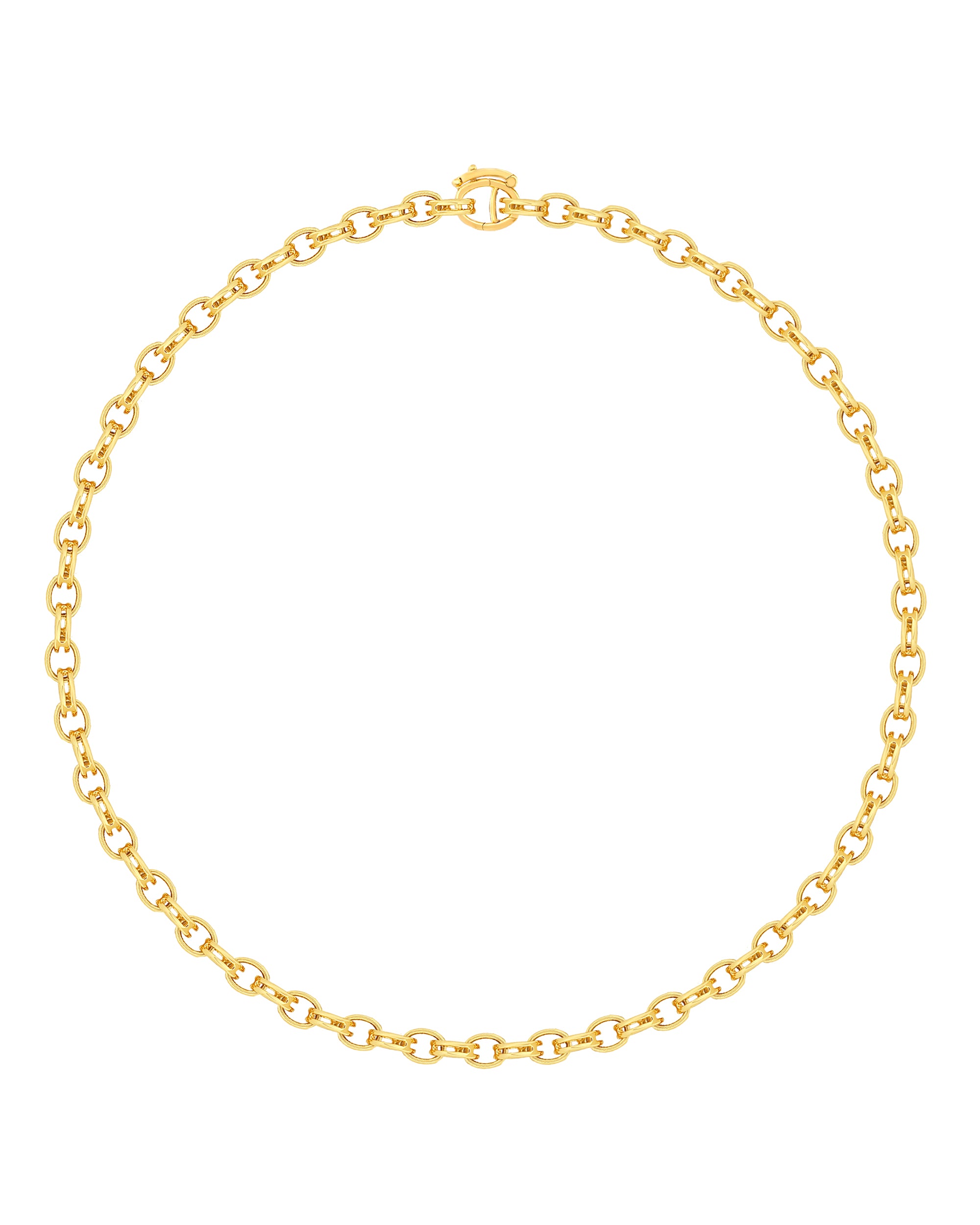 A gold necklace with interlinked chain links, displayed against a white background.