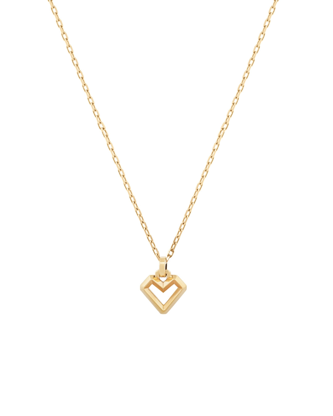 A 14k gold heart charm necklace with a knife-edge detail on the charm, suspended from a diamond-cut chain.