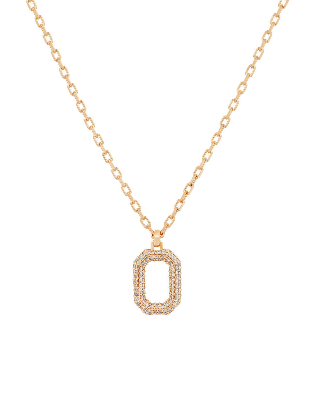 A pave white diamond pendant necklace with a mirror logo, attached to a gold chain.