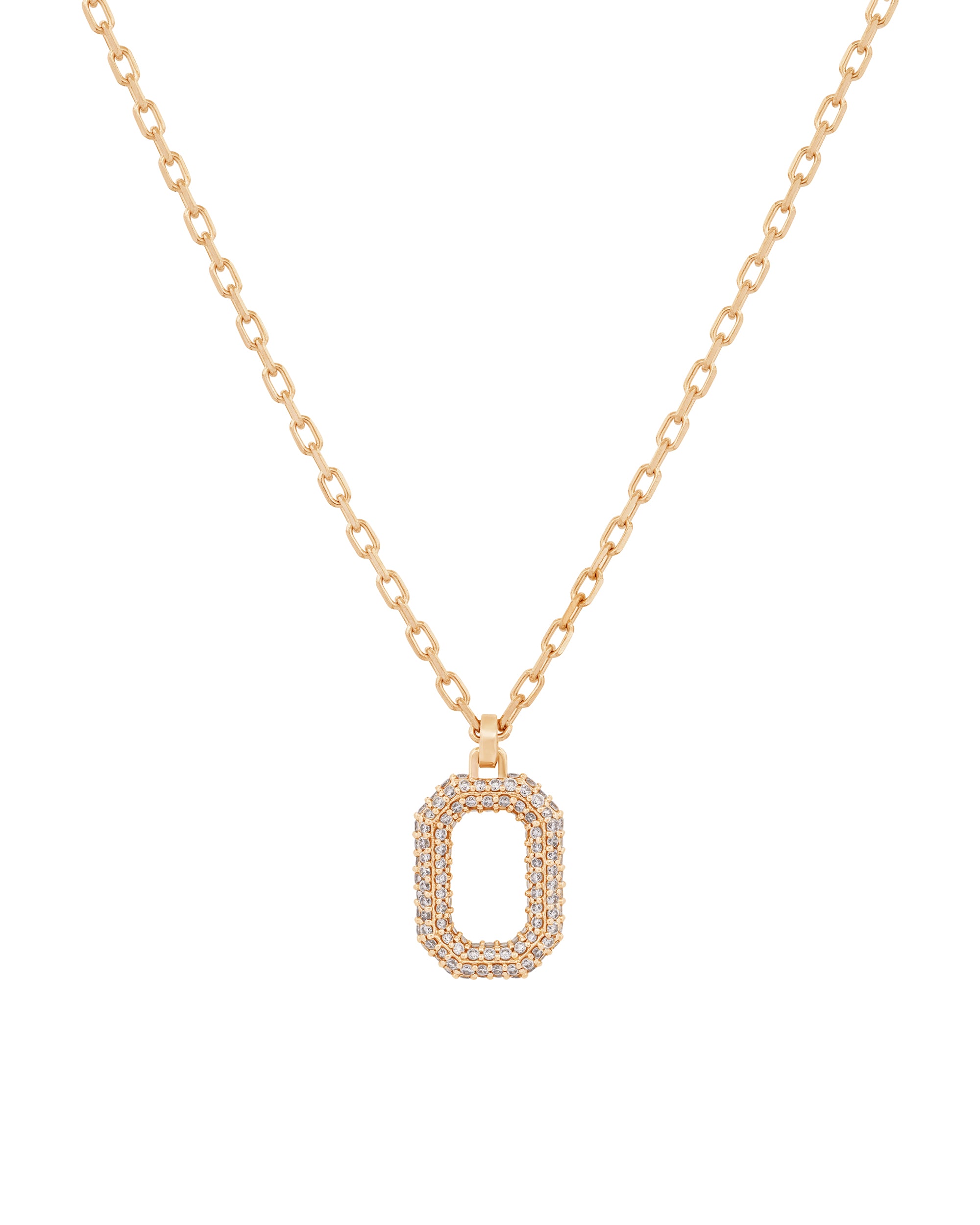 A pave white diamond pendant necklace with a mirror logo, attached to a gold chain.