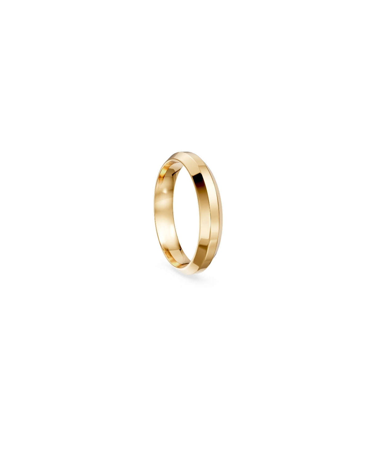 Bernard James Core III Wedding Band in yellow gold, three-facet profile, angled view
