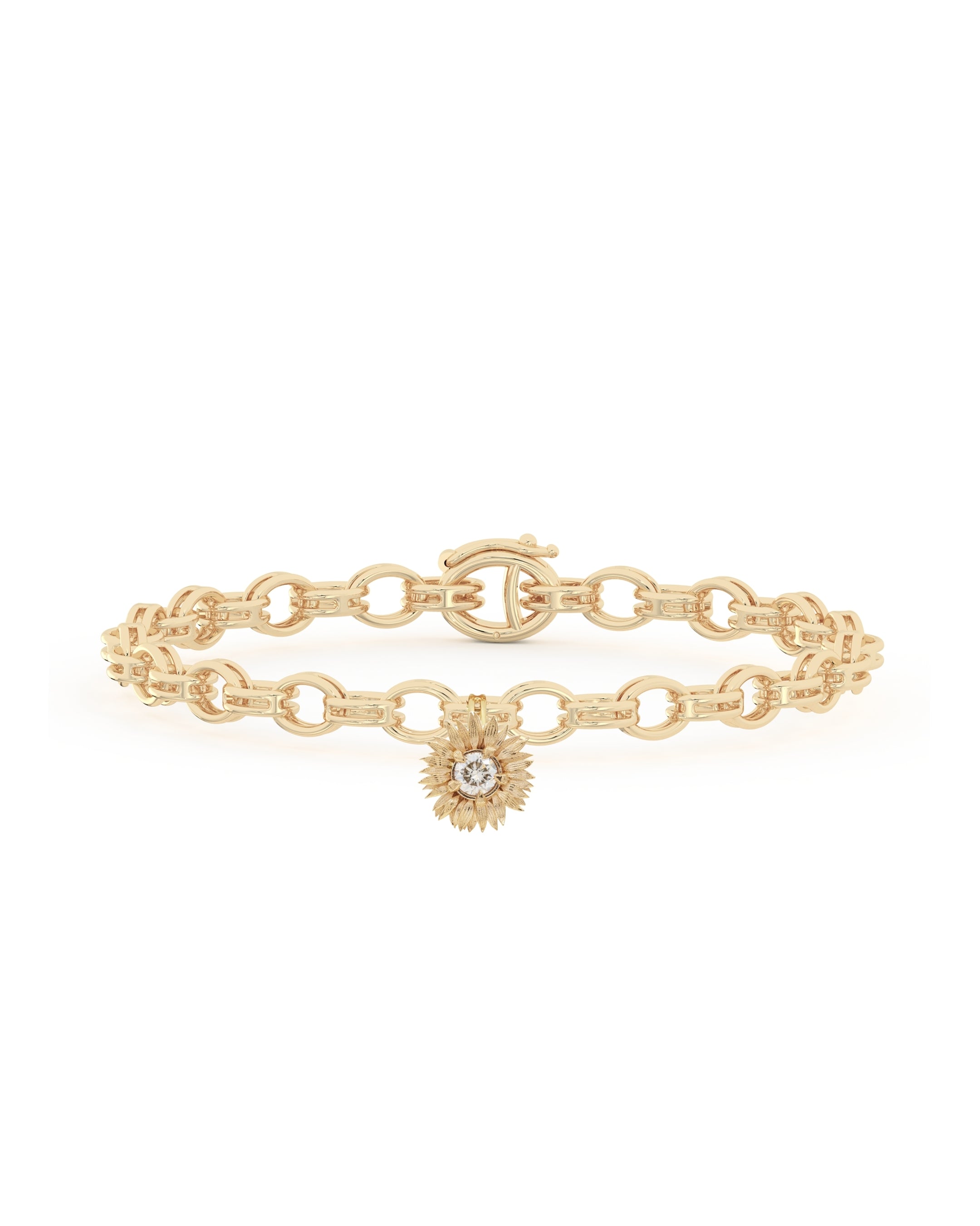 Gold chain bracelet with a central flower charm on a white background