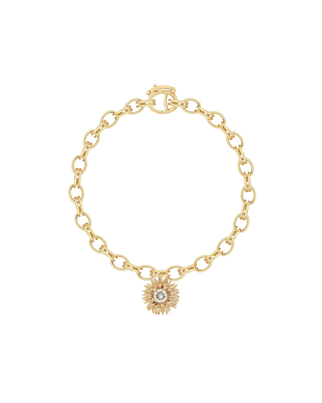 Gold bracelet with a sunflower-shaped charm on a white background